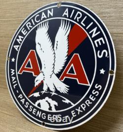 Vintage American Airlines Porcelain Sign Airport Eagle Aviation Hangar Gas Oil