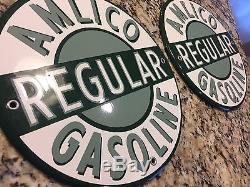 Vintage Amlico Gasoline Porcelain Pump Plates Sign Gas Oil Ford Chevy