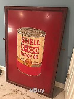 Vintage AntIque SHELL X-100 Motor Oil Swinging Sidewalk Sign gas station w ring