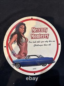 Vintage Art Mercury Monterey Pinup Girl Porcelain Gas Oil Motor Service Ad Sign