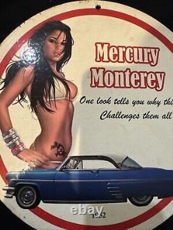 Vintage Art Mercury Monterey Pinup Girl Porcelain Gas Oil Motor Service Ad Sign