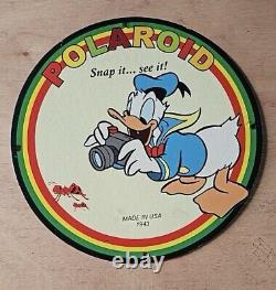 Vintage Art Polaroid Snap It Donald Duck Porcleain Gas Oil Mancave Pump Ad Sign