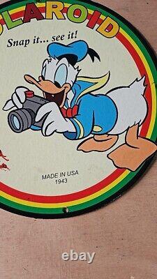 Vintage Art Polaroid Snap It Donald Duck Porcleain Gas Oil Mancave Pump Ad Sign