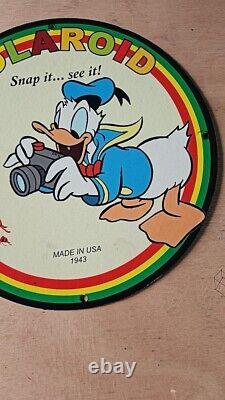 Vintage Art Polaroid Snap It Donald Duck Porcleain Gas Oil Mancave Pump Ad Sign