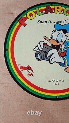Vintage Art Polaroid Snap It Donald Duck Porcleain Gas Oil Mancave Pump Ad Sign