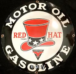 Vintage Art RED HAT GASOLINE PORCELAIN ENAMEL SIGN Rare Advertising 30 Diameter