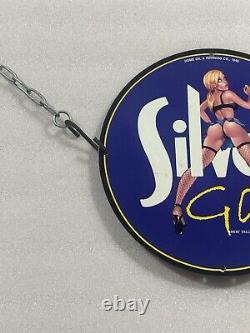 Vintage Art Silver Gasoline Pinup Girl Porcelain Gas Oil Motor Lube Service Sign