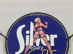 Vintage Art Silver Gasoline Pinup Girl Porcelain Gas Oil Motor Lube Service Sign
