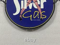 Vintage Art Silver Gasoline Pinup Girl Porcelain Gas Oil Motor Lube Service Sign