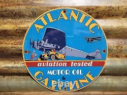 Vintage Atlantic Gasoline Porcelain Sign Aviation Motor Oil Gas Flying Service