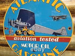 Vintage Atlantic Gasoline Porcelain Sign Aviation Motor Oil Gas Flying Service