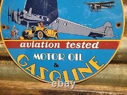 Vintage Atlantic Gasoline Porcelain Sign Aviation Motor Oil Gas Flying Service