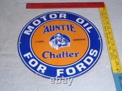 Vintage Auntie Chatter Motor Oil Ford Car Grandma Porcelain Metal Gasoline Sign