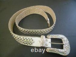 Vintage Bb Simon Belt Clear Ice Crystal Silver White Leather Signed