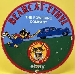 Vintage Bearcat Ethyl Gasoline Porcelain Sign Gas Station Pump Plate Motor Oil