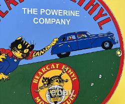 Vintage Bearcat Ethyl Gasoline Porcelain Sign Gas Station Pump Plate Motor Oil