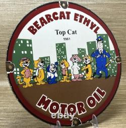 Vintage Bearcat Ethyl Gasoline Porcelain Sign Gas Station Pump Plate Motor Oil