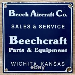 Vintage Beechcraft Aircraft Porcelain Sign Stearman Airplane Gas Oil Hangar