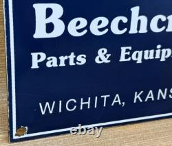 Vintage Beechcraft Aircraft Porcelain Sign Stearman Airplane Gas Oil Hangar