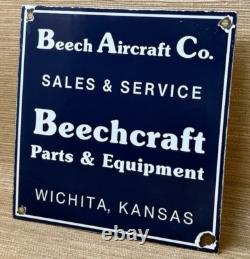 Vintage Beechcraft Aircraft Porcelain Sign Stearman Airplane Gas Oil Hangar