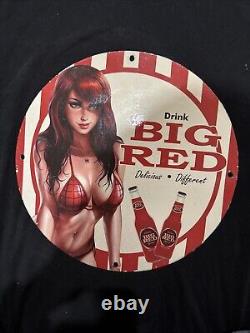 Vintage Big Red Soda Pinup Girl Bikini Porcelain Gas Oil Beverage Drink Ad Sign