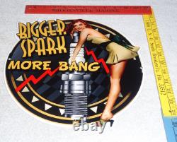 Vintage Bigger Spark More Bang Woman? & Plug 12 Metal Big Gasoline & Oil Sign