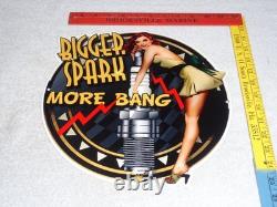 Vintage Bigger Spark More Bang Woman? & Plug 12 Metal Big Gasoline & Oil Sign