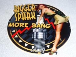 Vintage Bigger Spark More Bang Woman? & Plug 12 Metal Big Gasoline & Oil Sign