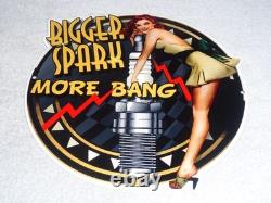 Vintage Bigger Spark More Bang Woman? & Plug 12 Metal Big Gasoline & Oil Sign