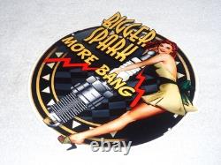Vintage Bigger Spark More Bang Woman? & Plug 12 Metal Big Gasoline & Oil Sign