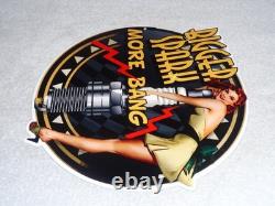 Vintage Bigger Spark More Bang Woman? & Plug 12 Metal Big Gasoline & Oil Sign