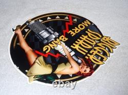 Vintage Bigger Spark More Bang Woman? & Plug 12 Metal Big Gasoline & Oil Sign