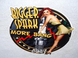 Vintage Bigger Spark More Bang Woman? & Plug 12 Metal Big Gasoline & Oil Sign