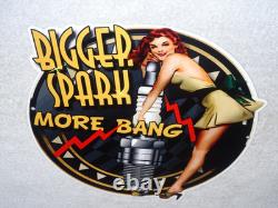 Vintage Bigger Spark More Bang Woman? & Plug 12 Metal Big Gasoline & Oil Sign