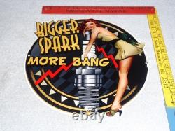 Vintage Bigger Spark More Bang Woman? & Plug 12 Metal Big Gasoline & Oil Sign