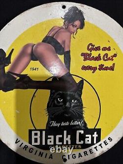 Vintage Black Cat Cigarettes Pinup Girl Porcelain Gas Oil Pump Store Garage Sign