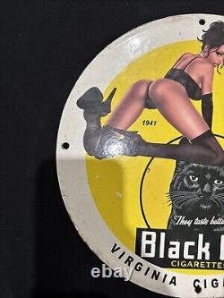 Vintage Black Cat Cigarettes Pinup Girl Porcelain Gas Oil Pump Store Garage Sign
