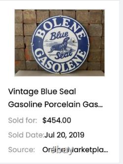 Vintage Bolene Blue Seal Gasoline 11 3/4 Porcelain Metal Enamel Gas & Oil Sign