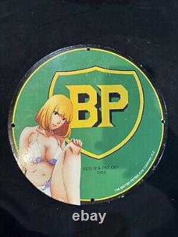 Vintage Bp Pinup Girl Bikini Porcelain Gas Oil Station Garage Mancave Pump Sign