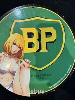 Vintage Bp Pinup Girl Bikini Porcelain Gas Oil Station Garage Mancave Pump Sign