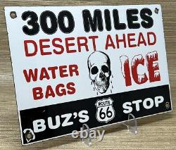 Vintage Buz's Route 66 Porcelain Sign Gas Oil Road Shield Pump Plate Skull Ice