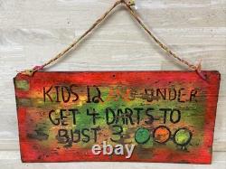 Vintage CARNIVAL FAIR Sign Folk Art Wood 4 darts bust 3 Handmade Painted
