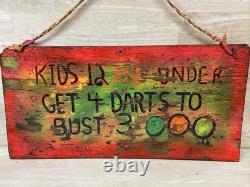 Vintage CARNIVAL FAIR Sign Folk Art Wood 4 darts bust 3 Handmade Painted