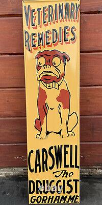 Vintage Carswell Veterinary Remedies Embossed Metal Sign Porcelain Gas Oil Dog