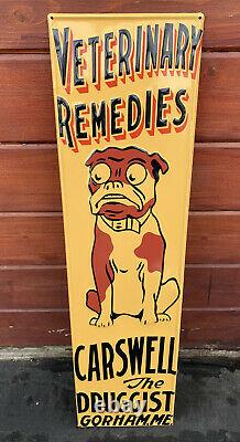 Vintage Carswell Veterinary Remedies Embossed Metal Sign Porcelain Gas Oil Dog