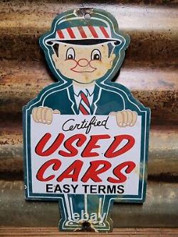 Vintage Certified Used Cars Porcelain Sign Gas Oil Sales Service Dealership Man