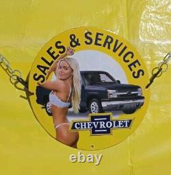 Vintage Chevrolet Cars Sales & Service Garage Pinup Girl Porcelain Enamel Sign