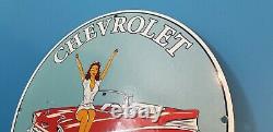 Vintage Chevrolet Porcelain Gas Service Station Dealership Pin Up Girl Pump Sign