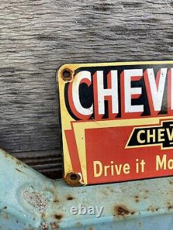 Vintage Chevrolet Porcelain Sign Used Car Dealer Bowtie Emblem Gas Oil Service
