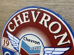 Vintage Chevron Gasoline Porcelain Sign Gas Station Pump Motor Oil Service